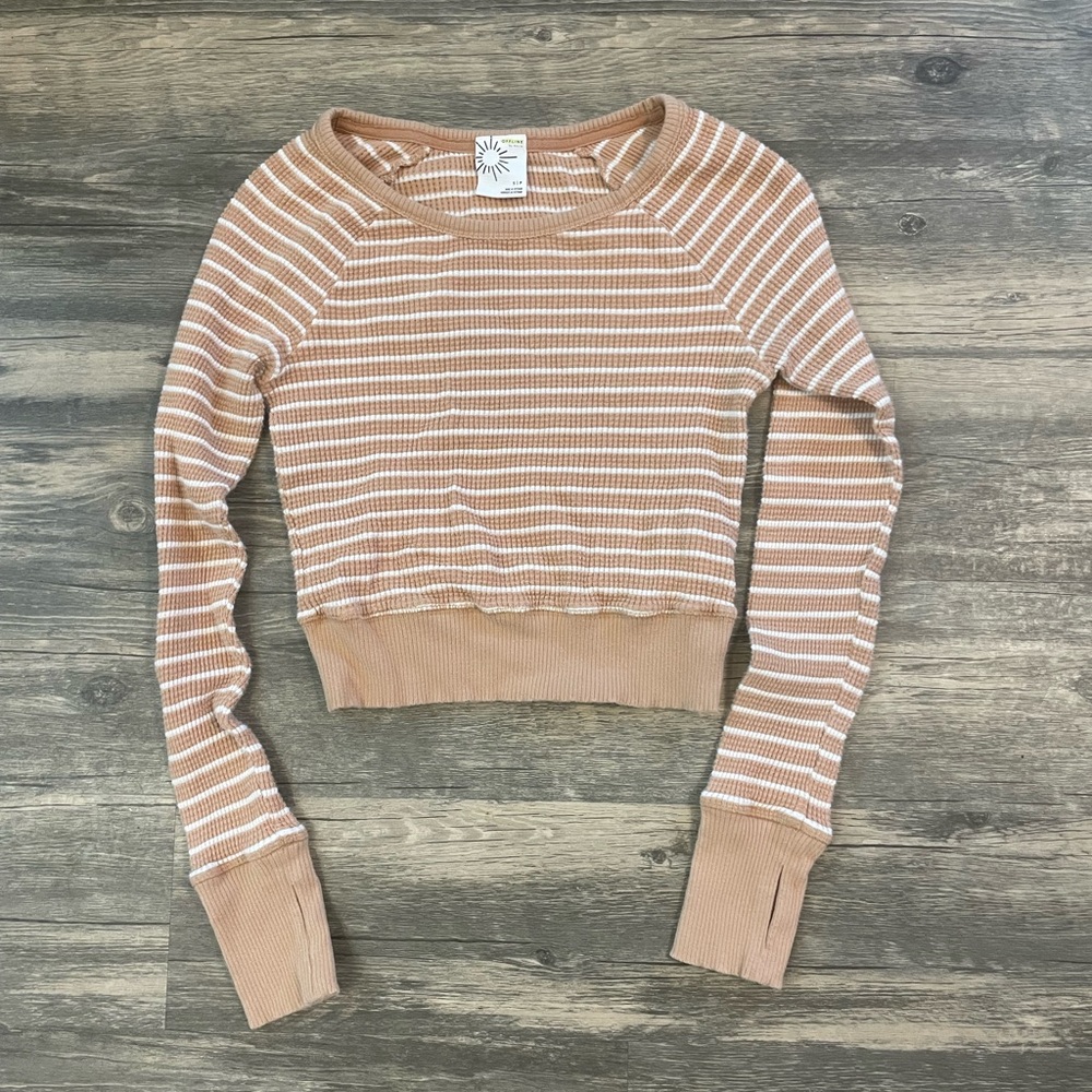 Offline by Aerie Striped Tan and White Cropped Ribbed Long Sleeve Size Small